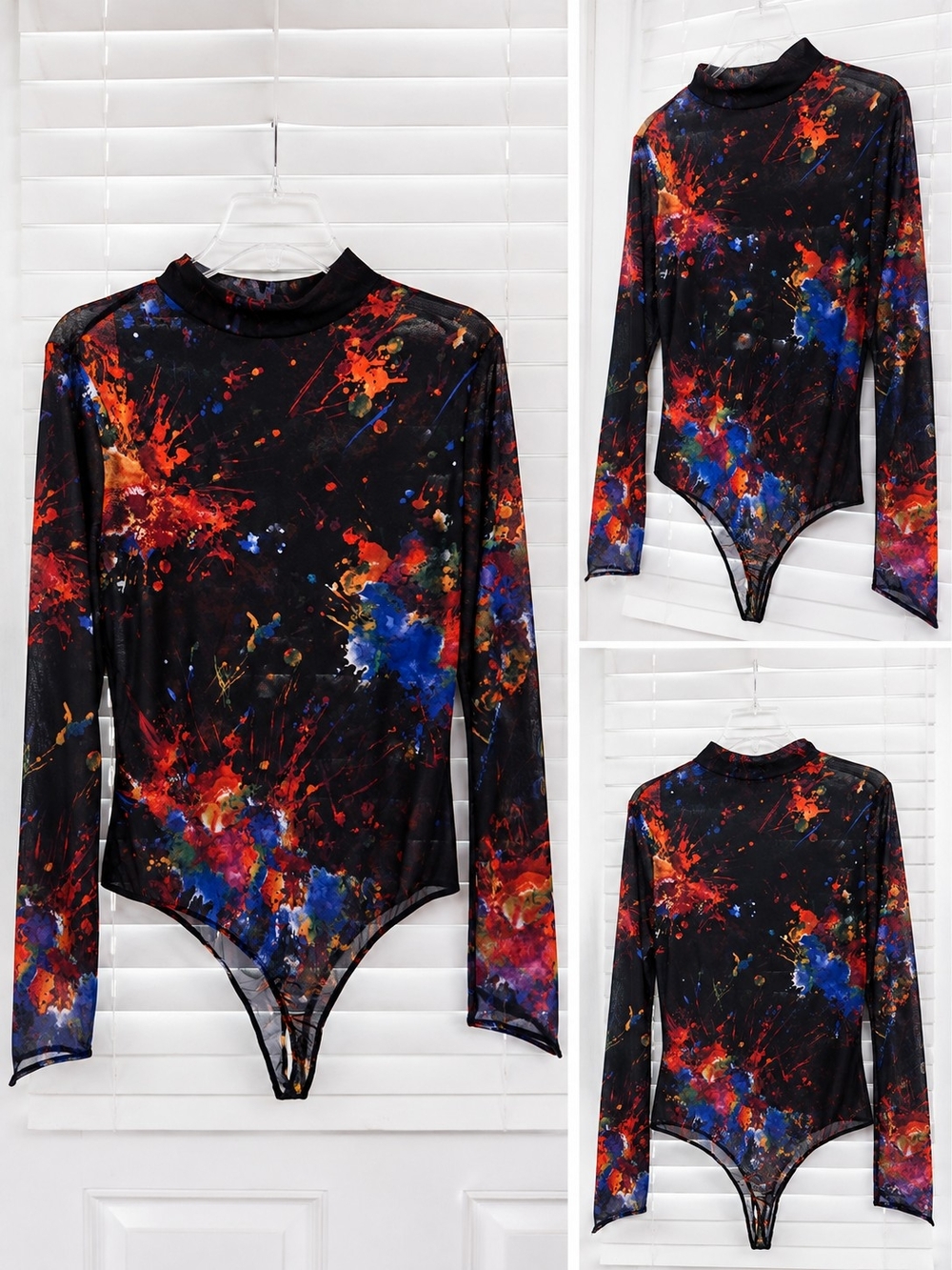 Fashion Nova Black Multicolor Galaxy Splatter Long-Sleeve Bodysuit